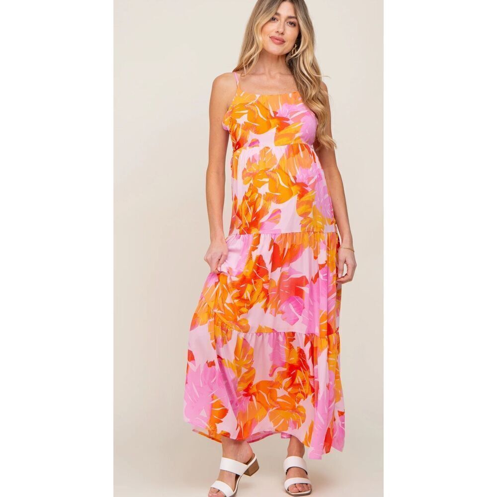 Pinkblush En Creme Pink Floral Tiered Sleeveless Maternity Maxi Dress Nwt Size L